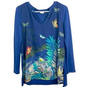 Anthropologie AKEMI + KIN Linen Blend Blue Print Top